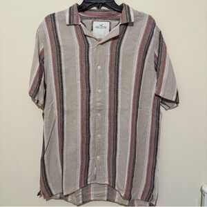 Hollister Men's Casual Striped Shirt - Brown, Cream, and Black